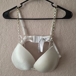 Censored Push-Up Bra 38C White Gold Chain Straps Padded Underwire